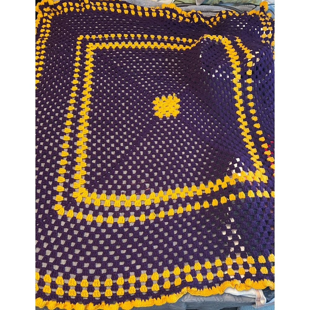 Handmade Afghan Granny Square Double bed size or sofa Maroon and Gold or yellow